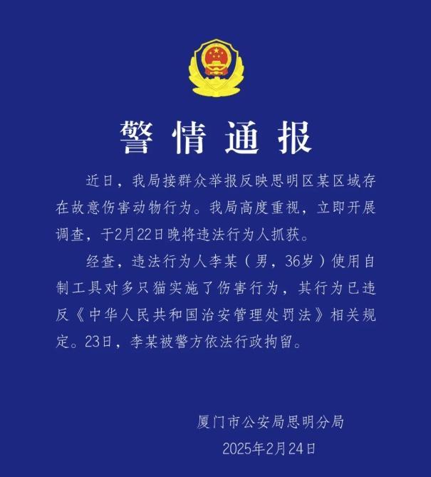 廈門警方通報(bào)小貓襲擊案