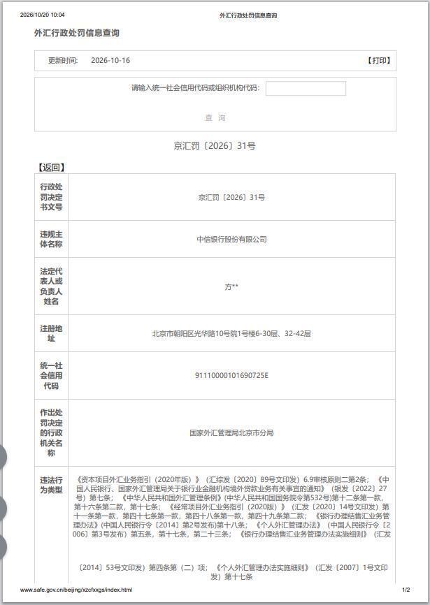中信银行被罚没592.06万元：涉经常项目审查、资本项目收付及结售汇三项违规