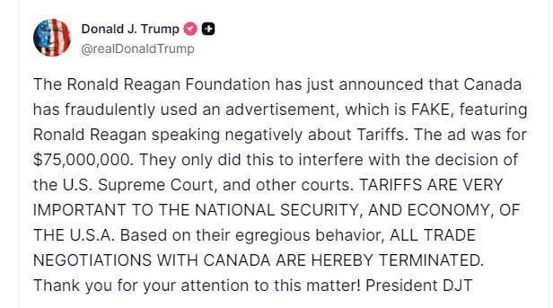 特朗普指责加拿大欺诈、虚假视频误导公众