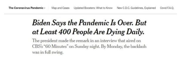 美国总统拜登宣布新冠疫情结束，但美国每天仍有至少400人死于疫情。图片来源：《纽约时报》报道截图