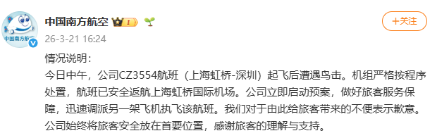 上海到深圳一航班遭鸟击返航