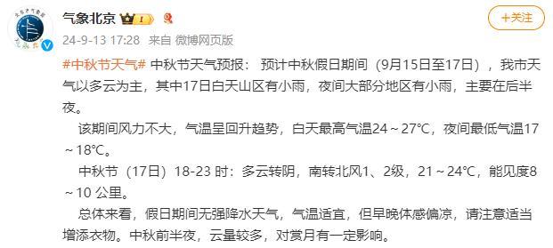 北京今明天云量增多早晚偏凉 中秋夜或有小雨影响赏月 添衣保暖赏月需备伞