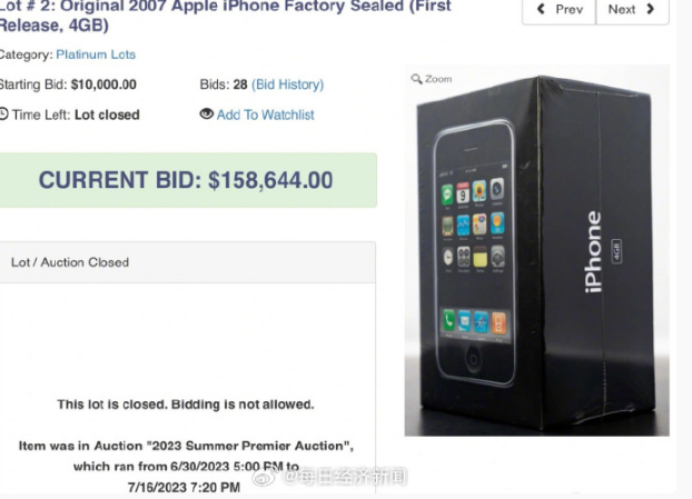 初代未拆封iPhone再被拍出113万高价，刷新世界纪录