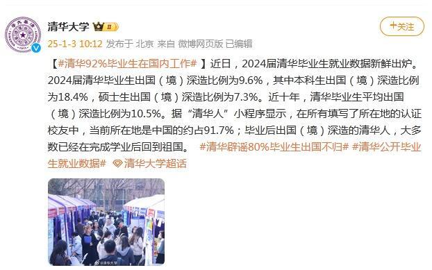 清华澄清80%毕业生出国不归传言