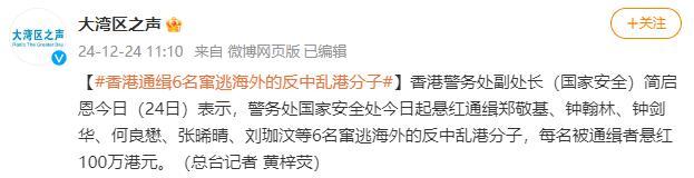 香港通缉6名反中乱港分子悬赏百万 每人悬红100万港元