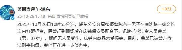上海男子打砸金店柜臺(tái) 警方通報(bào) 涉案人員已被刑拘