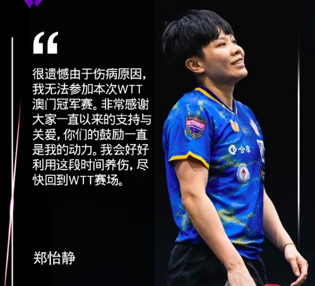 郑怡静因伤退出澳门赛 发文致歉:“专注养伤,争取早日归来”