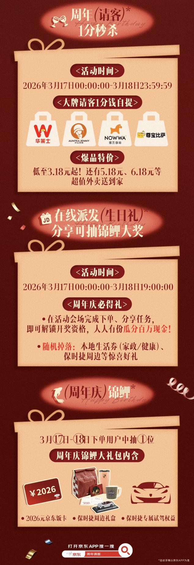京东外卖周年庆再加码，百万张20元金券整点抢