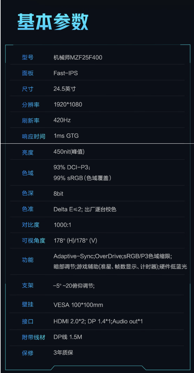 机械师推出“MZF25F400”24.5 英寸显示器：1080P 420Hz，1399 元