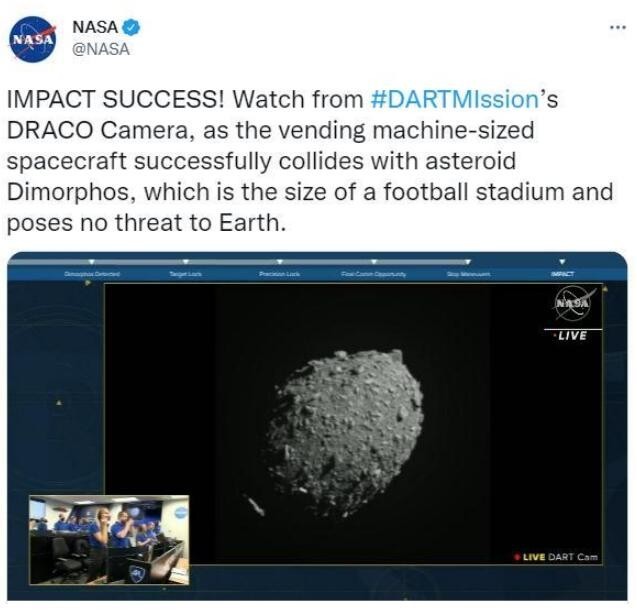 美媒:美宇宙飞船成功撞击小行星 NASA称正在考虑更多偏转或摧毁危险目标