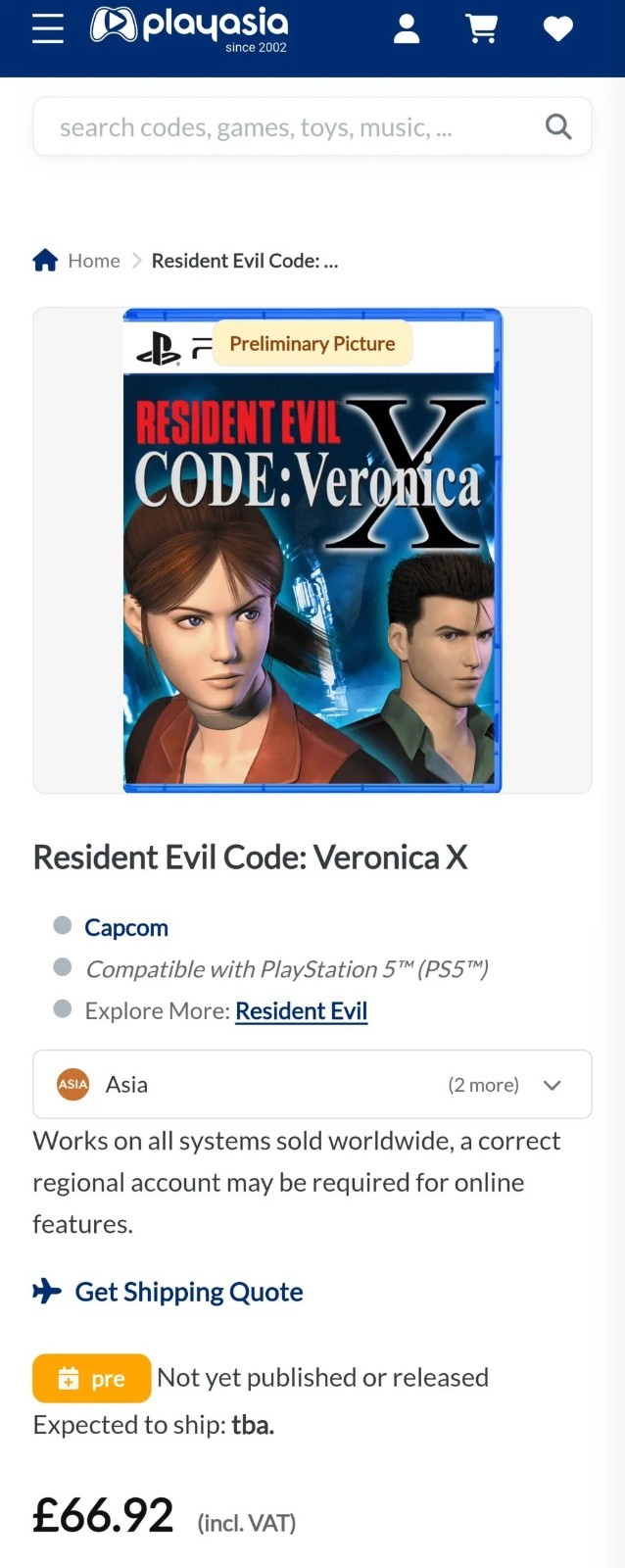 重制版新迹象！零售商公然发布《生化危机：代号维罗妮卡》PS5实体版游戏页面