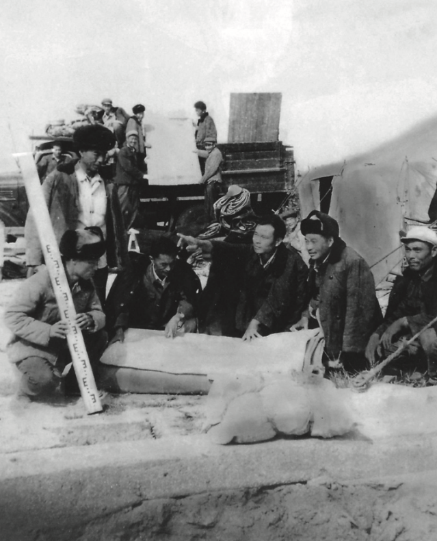 20世纪60年代，焦裕禄（前中）在兰考沙区现场组织抗灾。（新华社发）