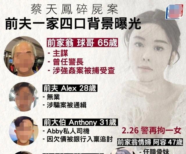 蔡天凤碎尸案第5名疑凶被捕：系前公公情妇 娱乐频道 中华网