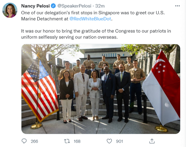 佩洛西访新加坡再发推文 佩洛西晒与美海军陆战队分遣队合照