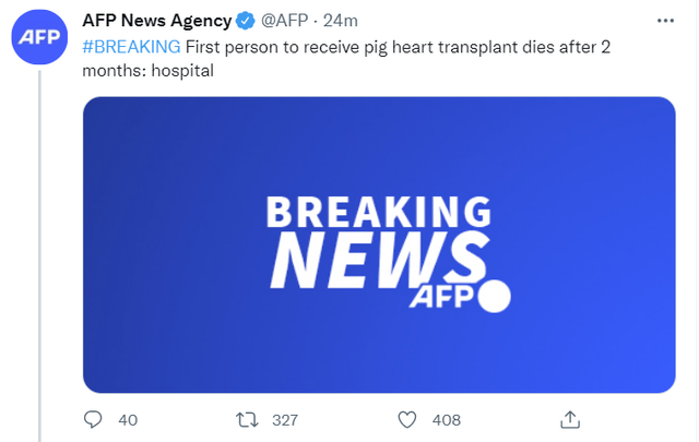 外媒：全球首个接受猪心脏移植的病患死亡