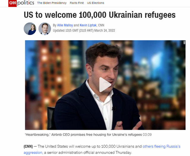 美媒:美国一位官员称将接受10万名乌克兰难民