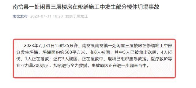 黑龙江伊春一楼房坍塌致4死4伤：已启动事故调查程序