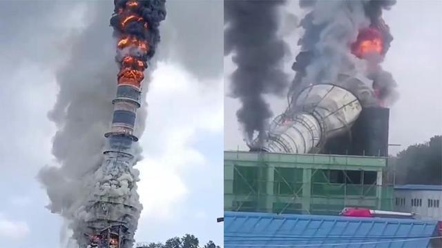 突发！辽宁丹东一热电厂高塔起火后倒塌 官方回应：无人员伤亡