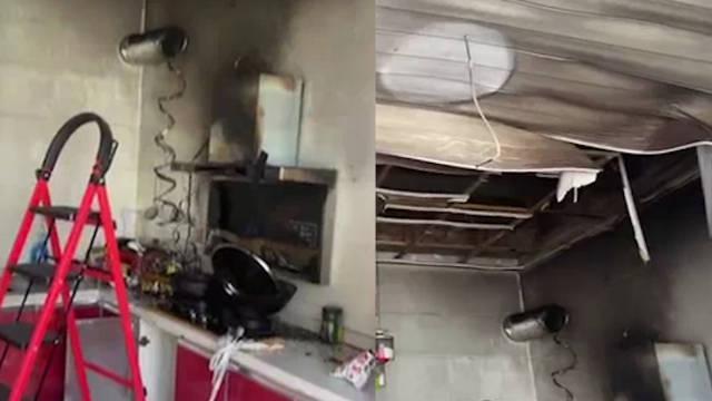 女子油锅忘关火炸毁厨房：房顶被烧了，灶台也裂了