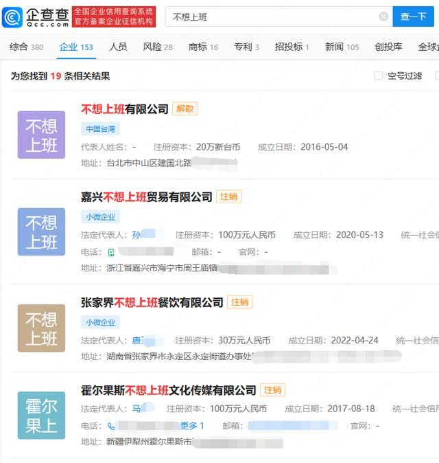 超百家公司名叫“不想上班” 有19家并非只是说说