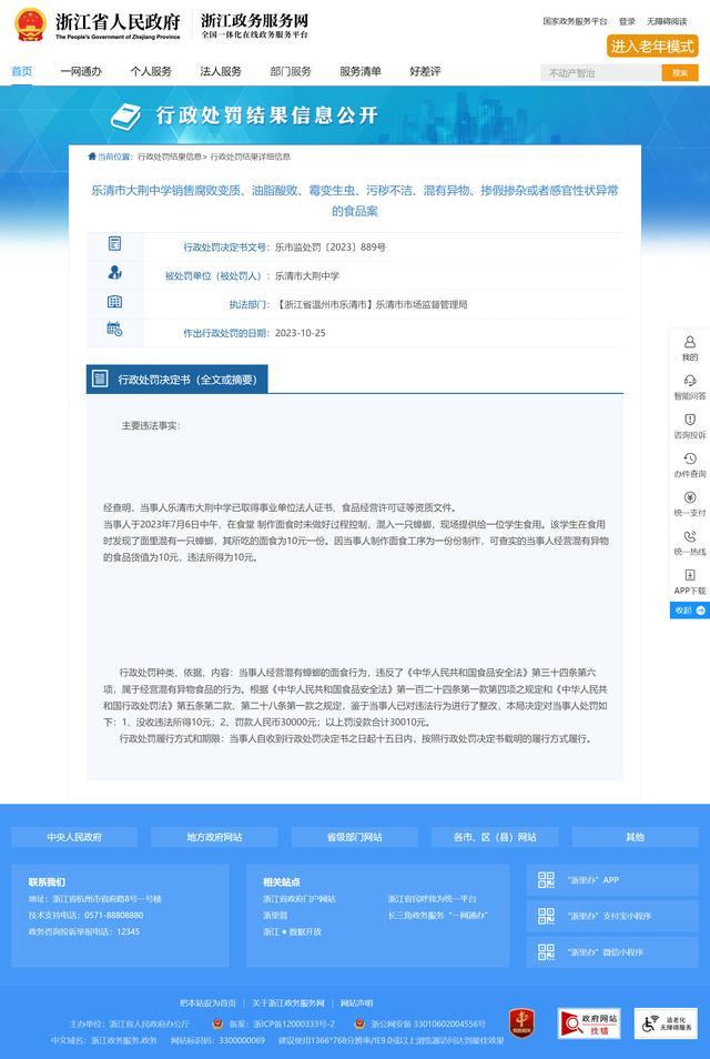 中学食堂吃出异物被罚3万元 没收违法所得10元