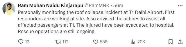 印度机场航站楼屋顶坍塌致1死8伤 新德里航班受影响