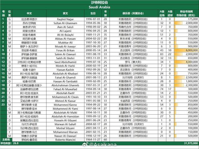 沙特队总身价3197.5万欧是国足3倍 阵容豪华挑战国足