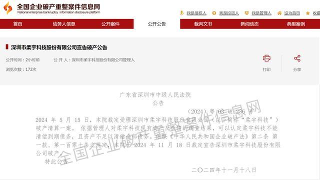 深圳柔宇系两家公司宣布破产