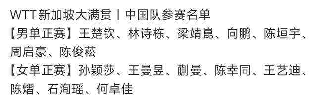 新加坡大满贯参赛名单公布 国乒全主力出战