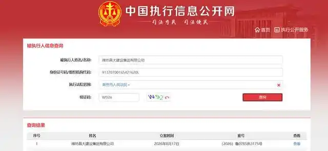 潍坊昌大建设集团成被执行人，执行标的20万元