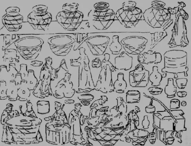河南密县汉画像石酿造图图中有各种盆盆罐罐用来滤酒、酿酒、装酒