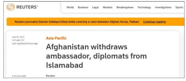 阿富汗召回驻巴基斯坦大使及高级外交人员