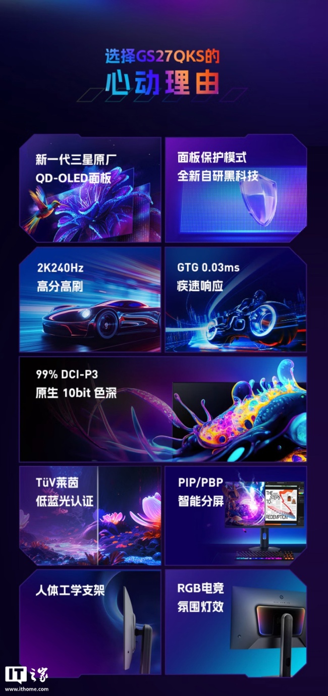 HKC“GS27QKS”27 英寸显示器开售:2K 240Hz QD-OLED、原生 10-Bit 色彩,首发价 1999 元