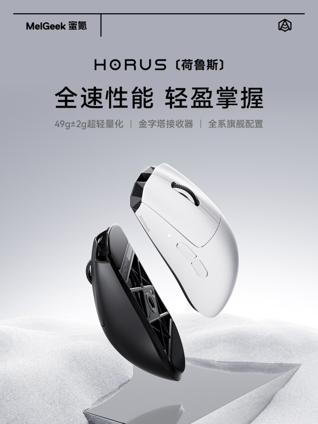 MelGeek 首款鼠标荷鲁斯发布：54L + PAW3950，底面镂空模具 49g