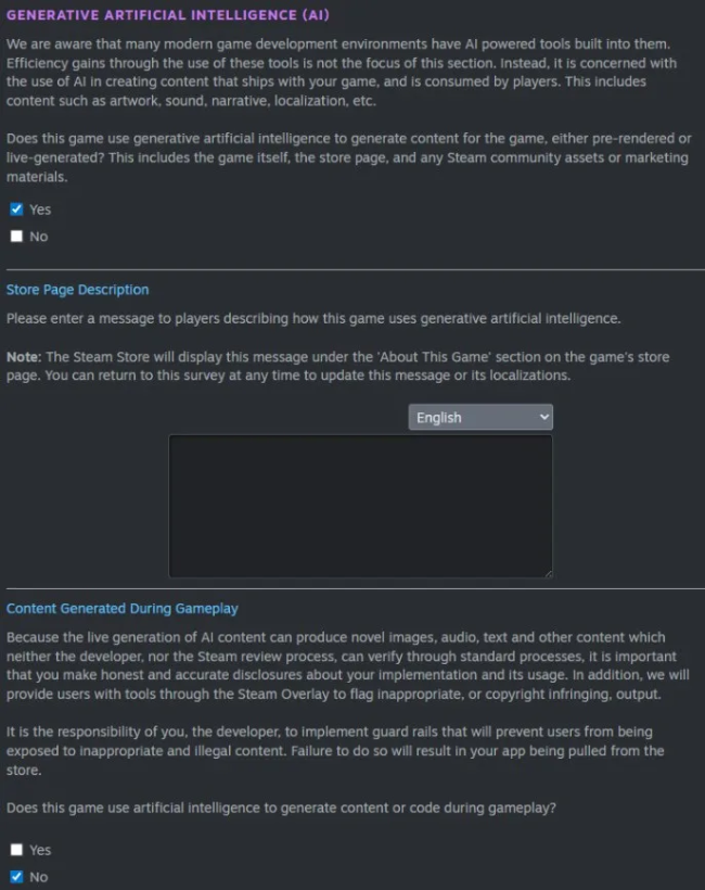 Steam 面向开发者提出新规：应说明游戏中哪些玩家可见的内容使用 AI 生成
