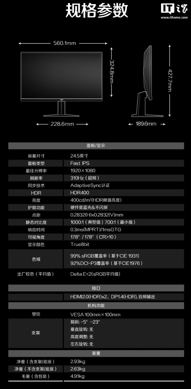 AOC 25G41SE / WS 显示器开售:24.5 英寸 1080P 310Hz Fast-IPS 面板,1099 元