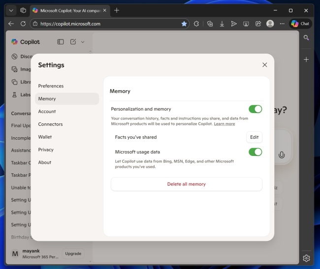 默认开启:Copilot 为个性化回答,开始抓取你的 Edge / Bing 等微软生态数据