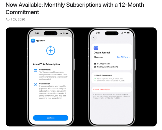 苹果 App Store 推出“12 个月分期”年度订阅，用户可随时取消但需完成已承诺期数