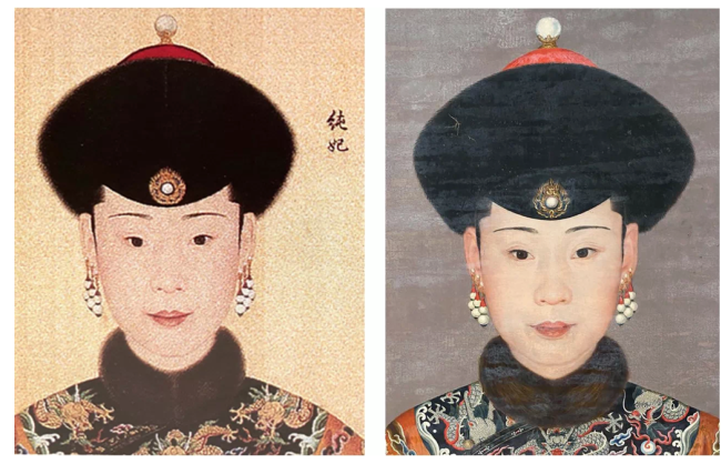 美国克利夫兰博物馆藏郎世宁绘《心写治平图》卷局部（左）与郎世宁绘《纯惠皇贵妃油画像》（右）比较。主办方供图。