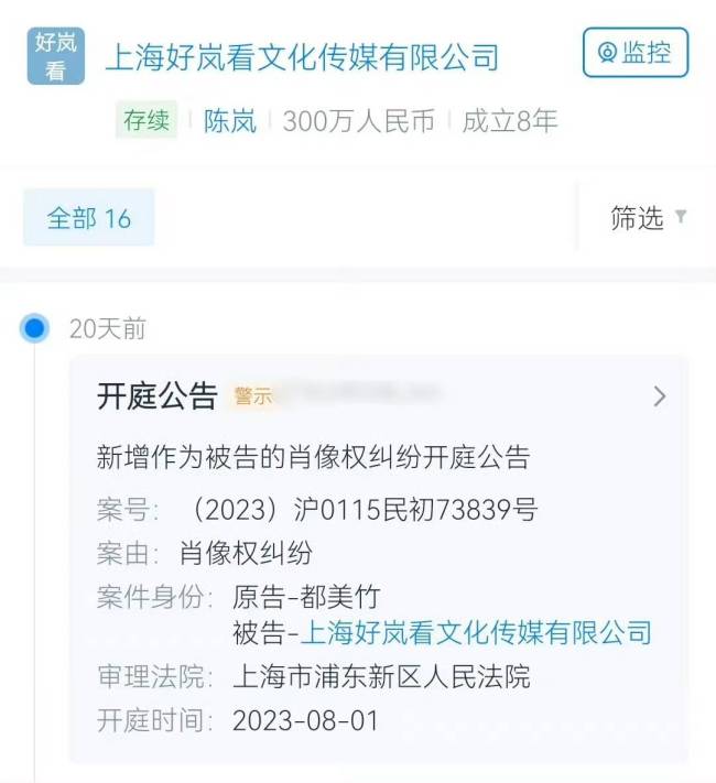 都美竹起诉陈岚公司 案由为肖像权纠纷
