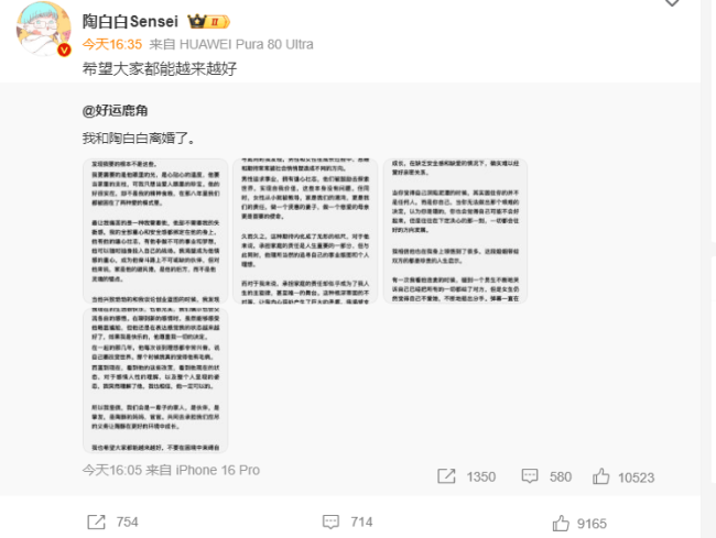 网红陶白白官宣离婚 否认将会参与《再见爱人》