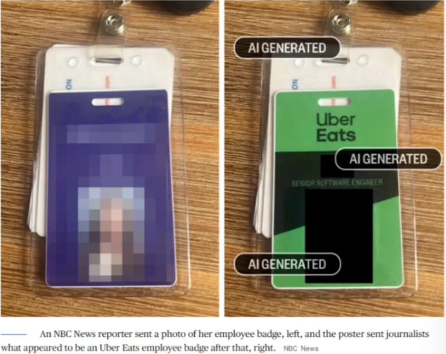 图说：据NBC报道：Reddit爆料者发给记者的“Uber Eats”工作证（右图），是拿NBC记者的证件照AI生成的