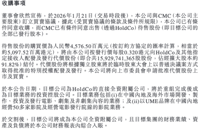 邵氏兄弟拟收购华人文化核心影视资产，含正午阳光、UME影院