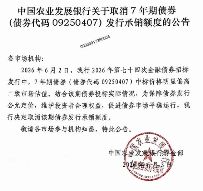 中国农业发展银行零碎主动喊停7年期金融债刊行，称中标价显然偏离市集估值