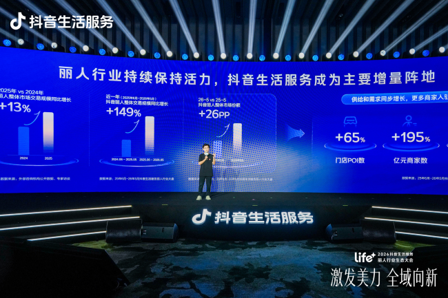 （在抖音生活服务举办丽人生态大会上，丽人行业负责人周轶坤公布了过去一年行业经营成绩单，以及平台五大扶持方向）