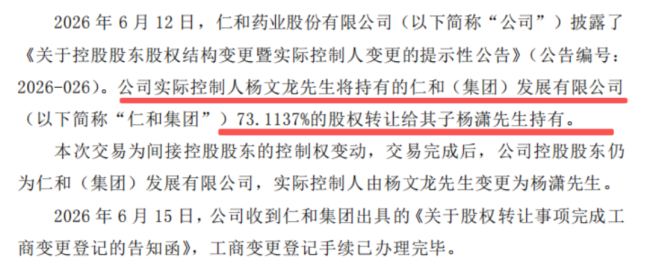 （仁和药业关于实际控制人股权完成工商变更登记的公告）