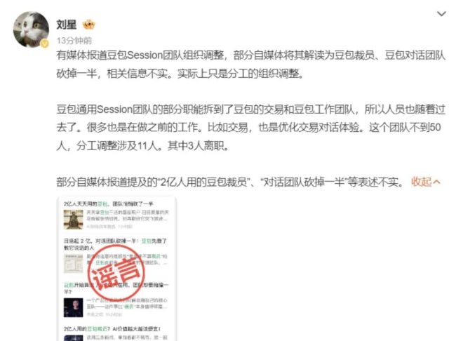 豆包回应“对话团队砍掉一半”:系分工调整