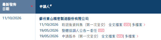 东山精密 通过港交所上市聆讯