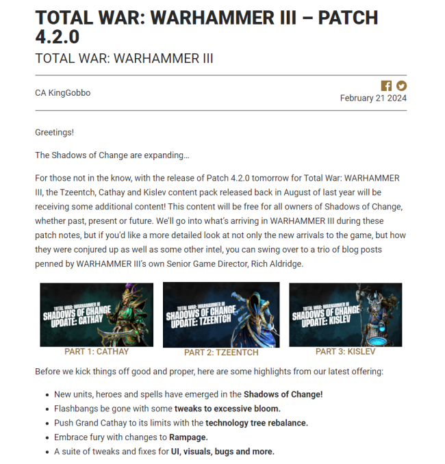 《全麵戰爭：戰錘III》4.2更新發布 為“變化之影”DLC帶來大量新內容