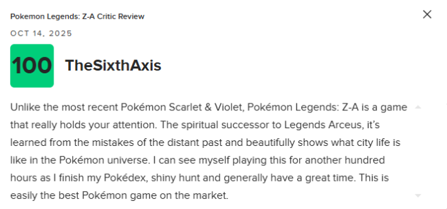 《宝可梦传说 Z-A》M站均分81:目前最出色的宝可梦游戏!